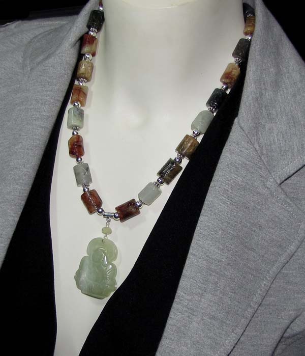  Jade Buddha Pendant on Jade and Silver Handcrafted Necklace