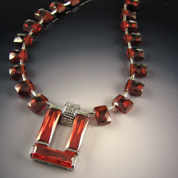 Handcrafted Necklace of Dark Orange Cubic Zirconia and Sterling Silver 