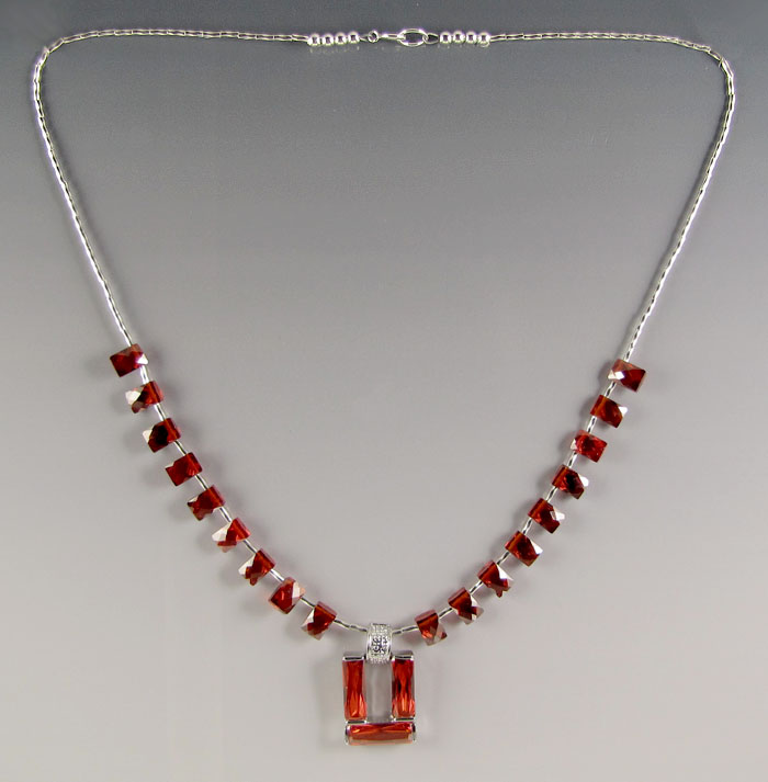 Handcrafted Necklace of Dark Orange Cubic Zirconia and Sterling Silver 