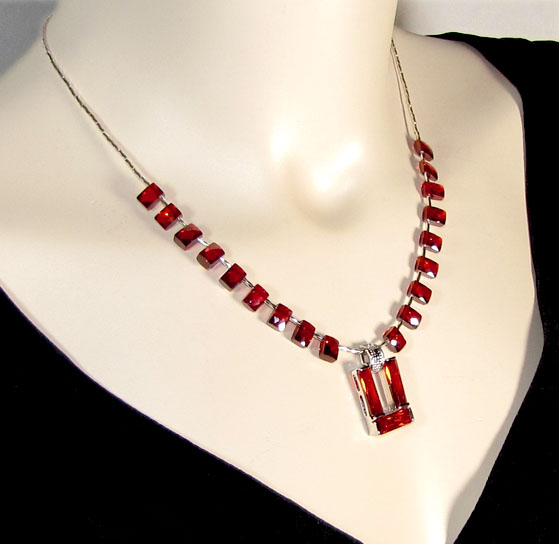 Handcrafted Necklace of Dark Orange Cubic Zirconia and Sterling Silver 